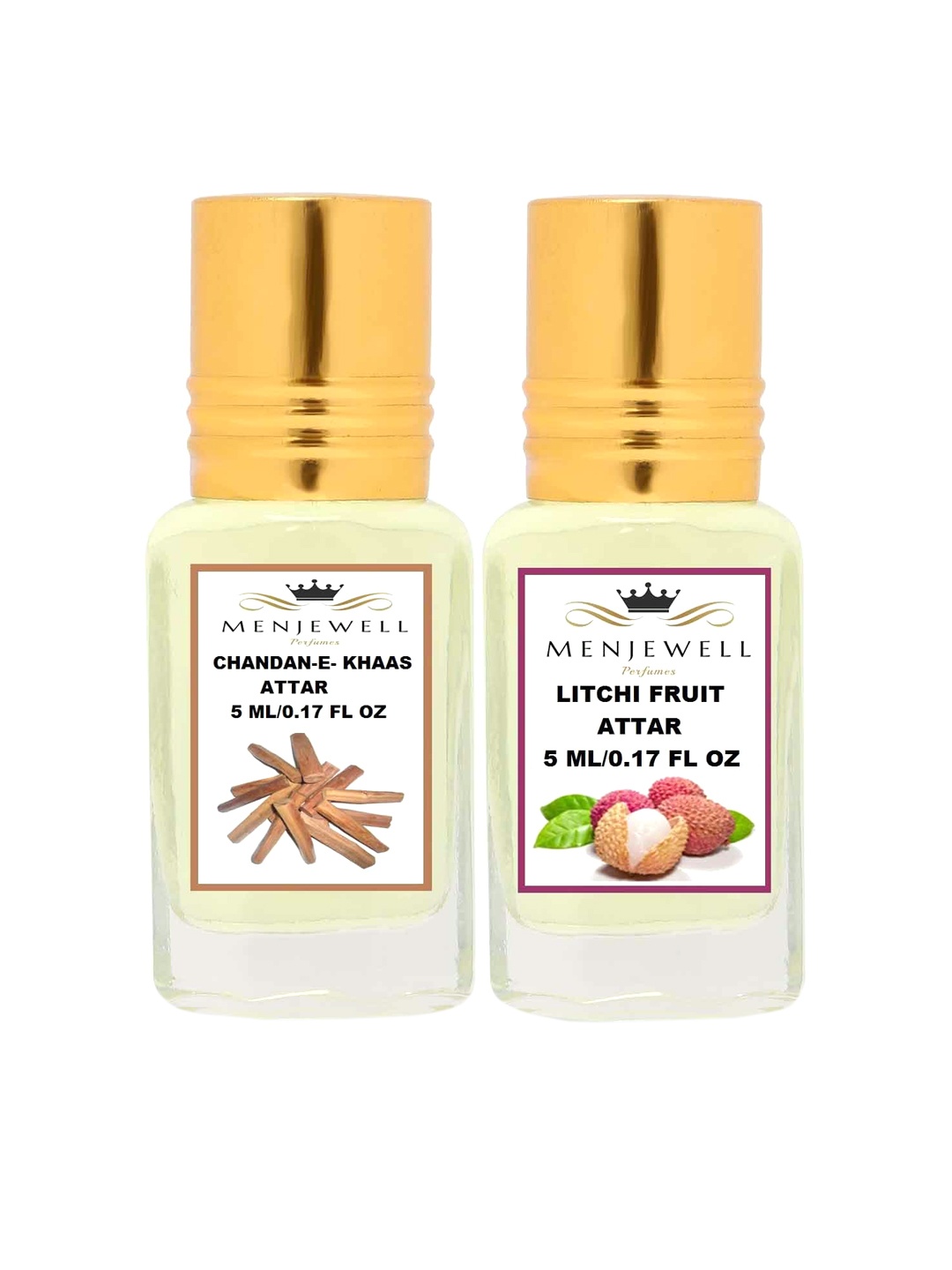 

Menjewell Set Of 2 Chandan-E-Khaas & Litchi Fruit Attars 10 ml, Transparent