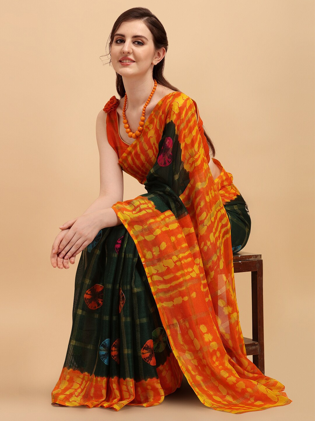 KALINI Green & Orange Leheriya Jaali Fusion Kota Saree