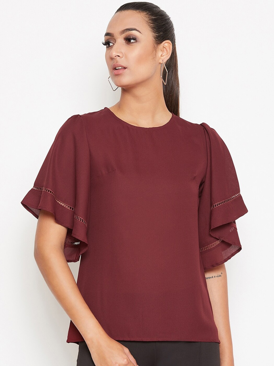 

La Zoire Women Maroon Solid Flutter Sleeve Top