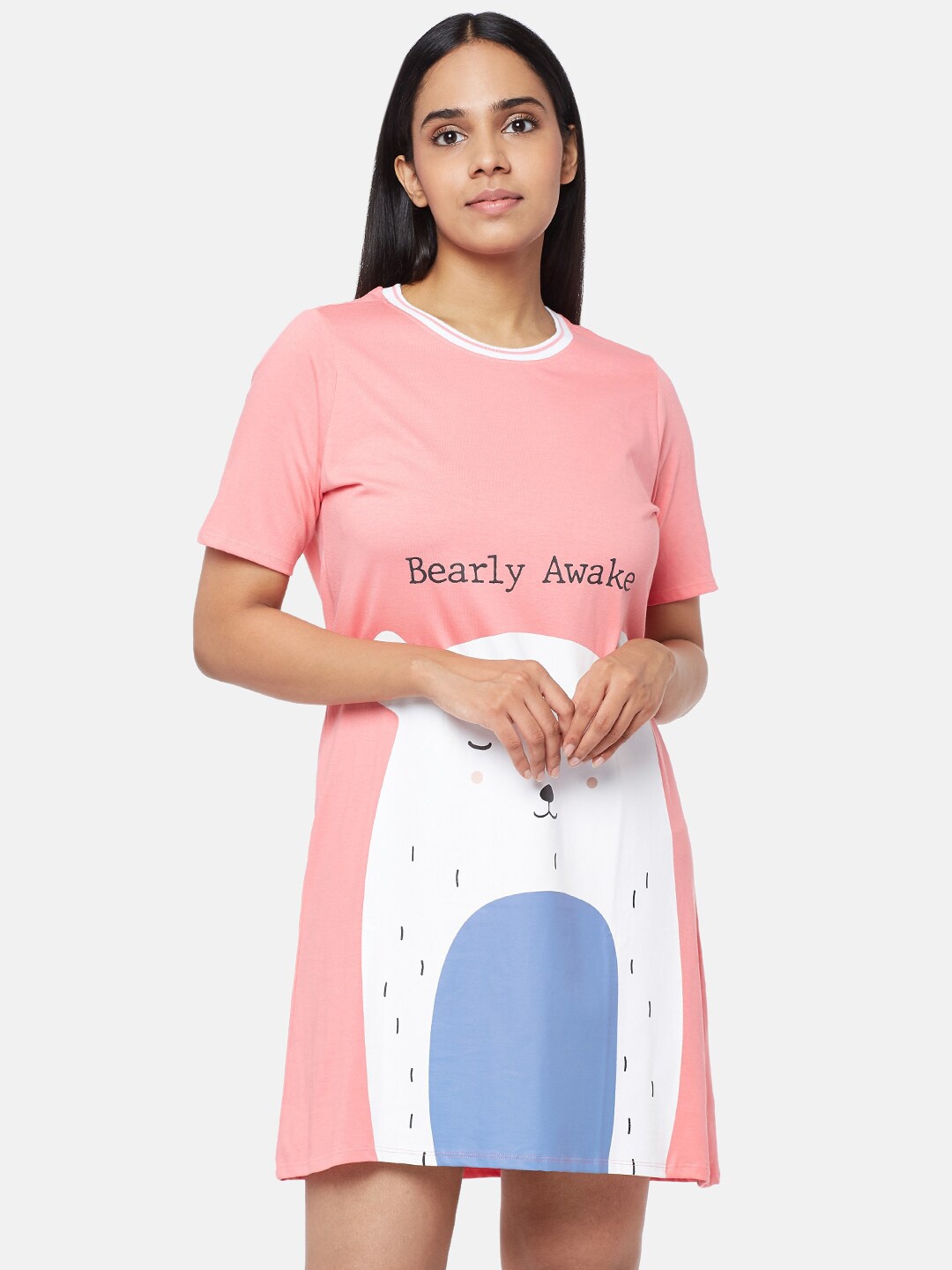 

People Women Peach and White Graphic Printed Pure Cotton Night Dress