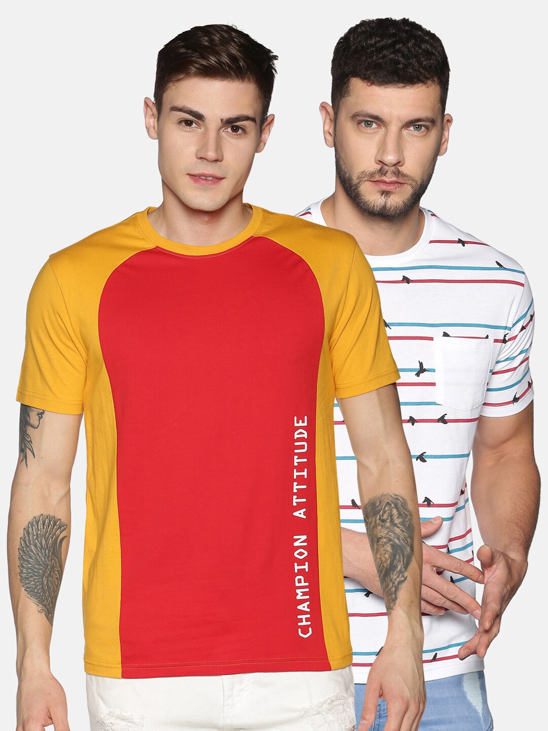 

UrGear Men Red White Men Pack of 2 Colourblock Printed Roundneck Pure Cotton T-shirt