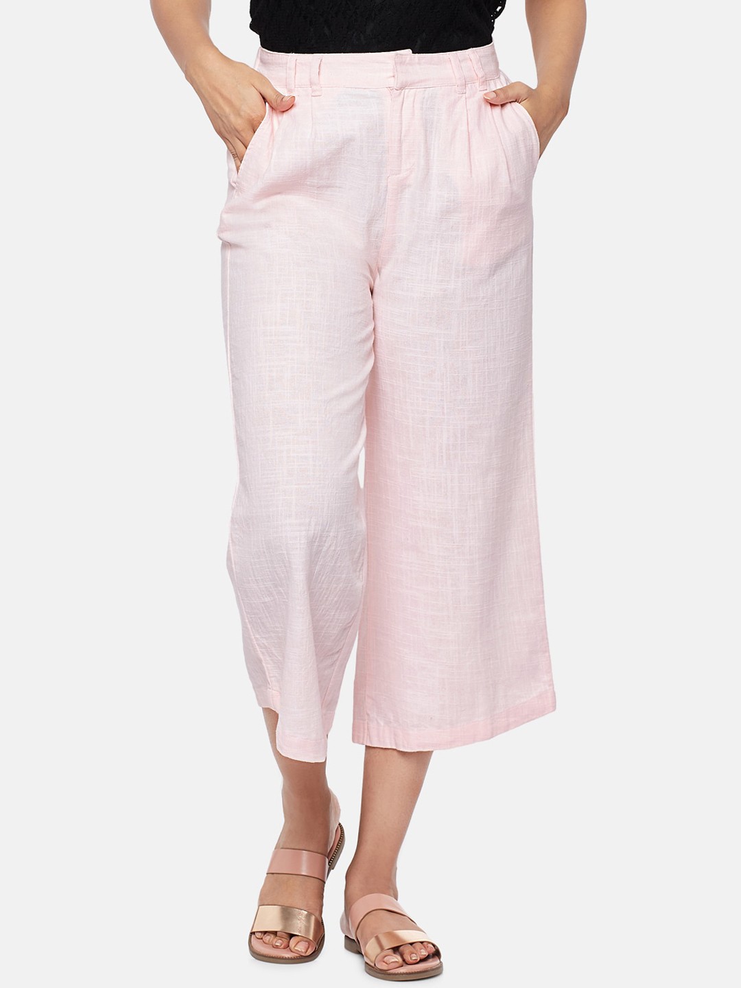 

People Women Pink Loose Fit High-Rise Pleated Culottes Trousers