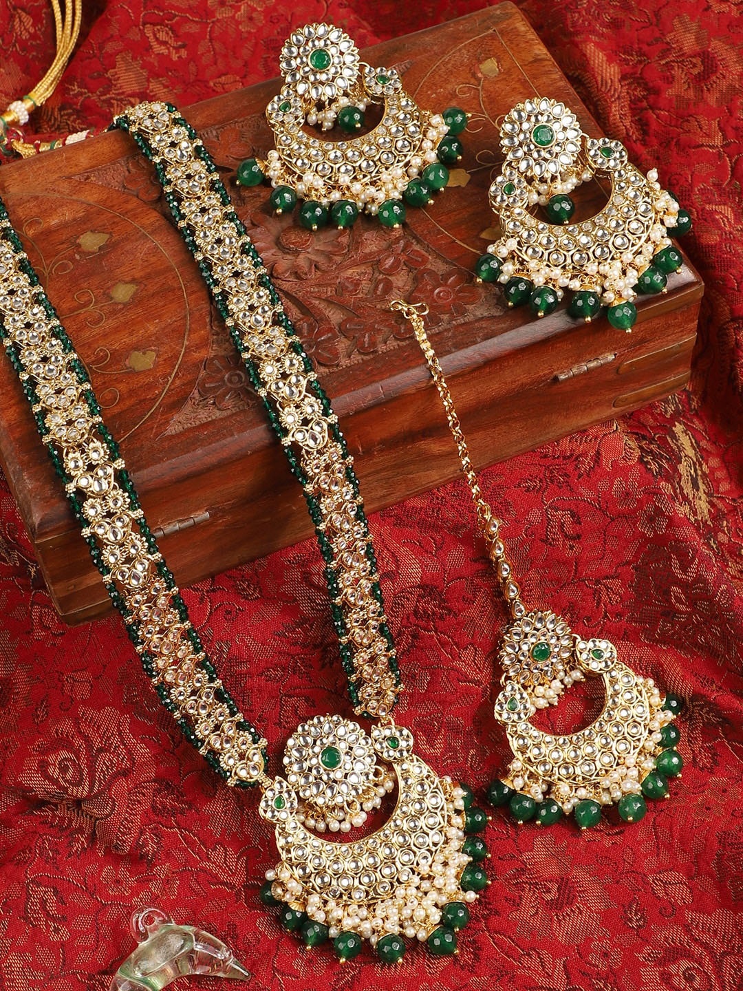 ANIKAS CREATION Gold-Plated Green & White Stone-Studded Beaded Traditional Handcrafted Jewellery Set