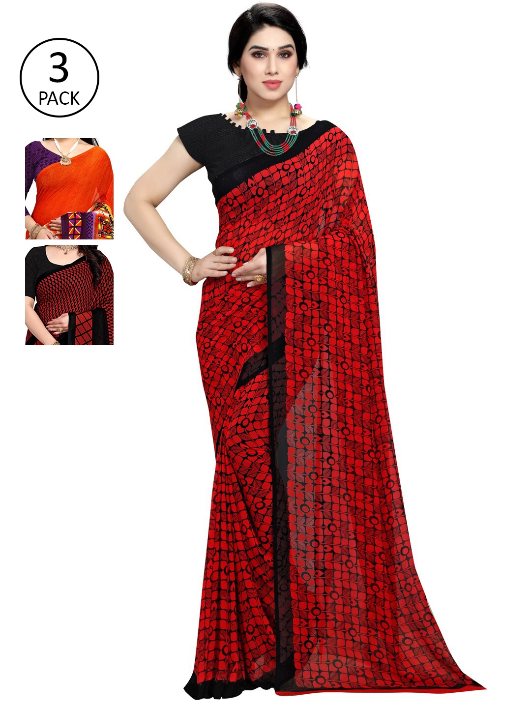 

KALINI Pack of 3 Red & Orange Floral Saree