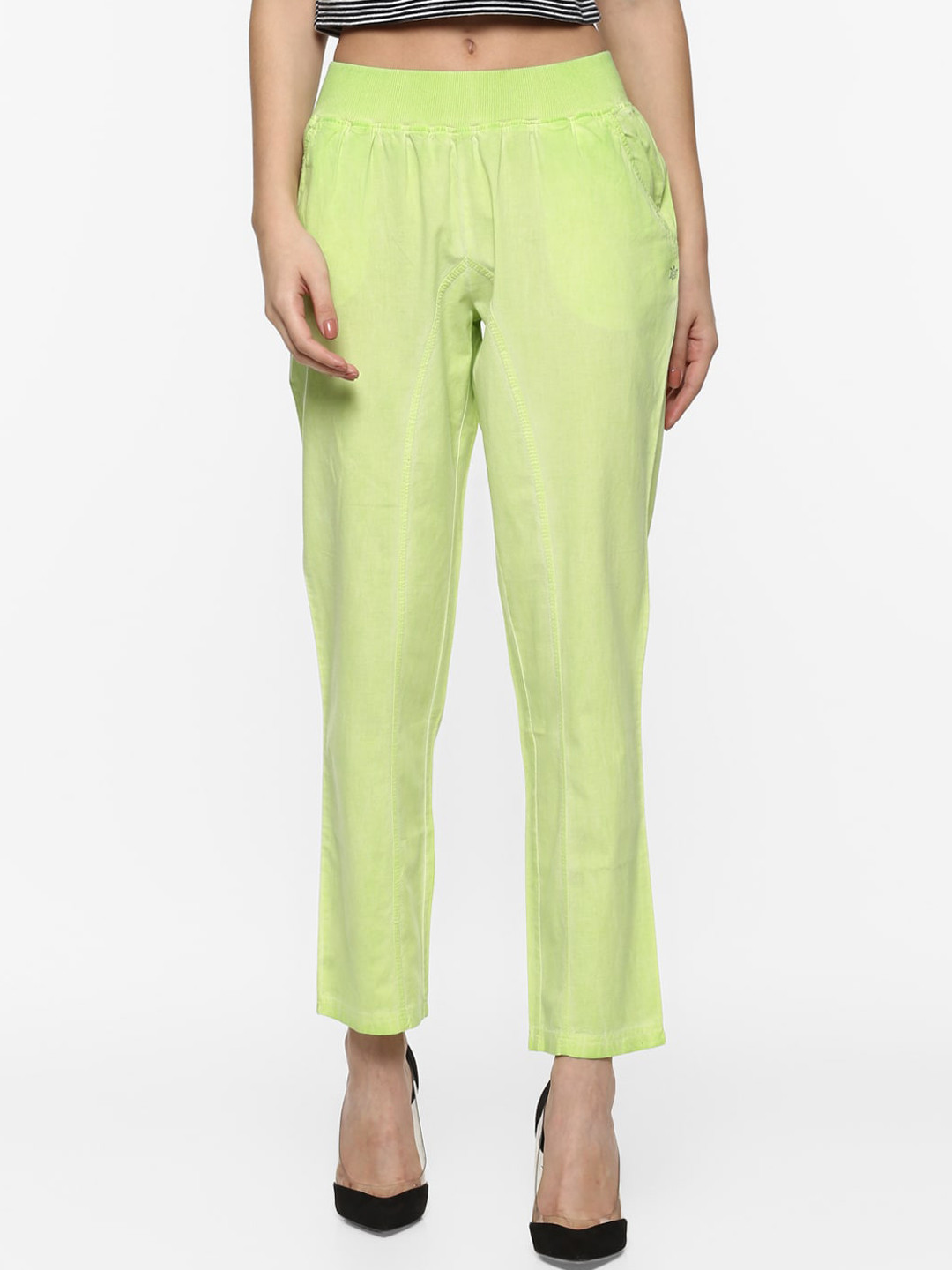 

Porsorte Women Fluorescent Green Solid Tapered Fit Mid Rise Ankle Length Casual Trousers