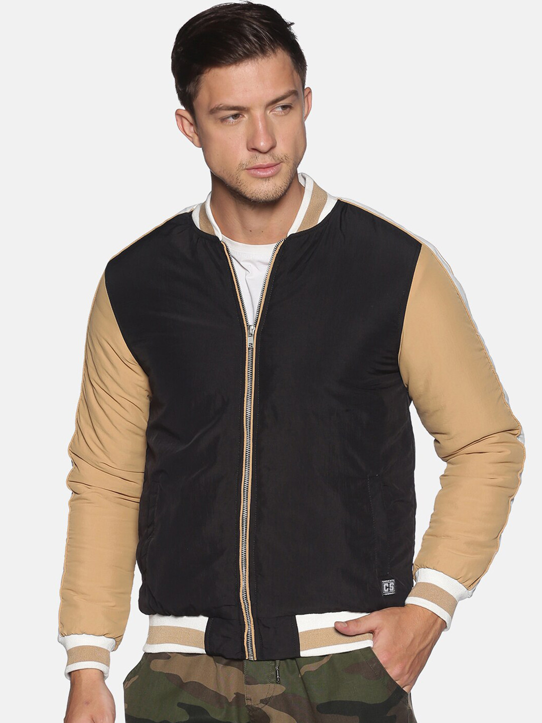 

Campus Sutra Men Black & Yellow Colourblocked Varsity Jacket