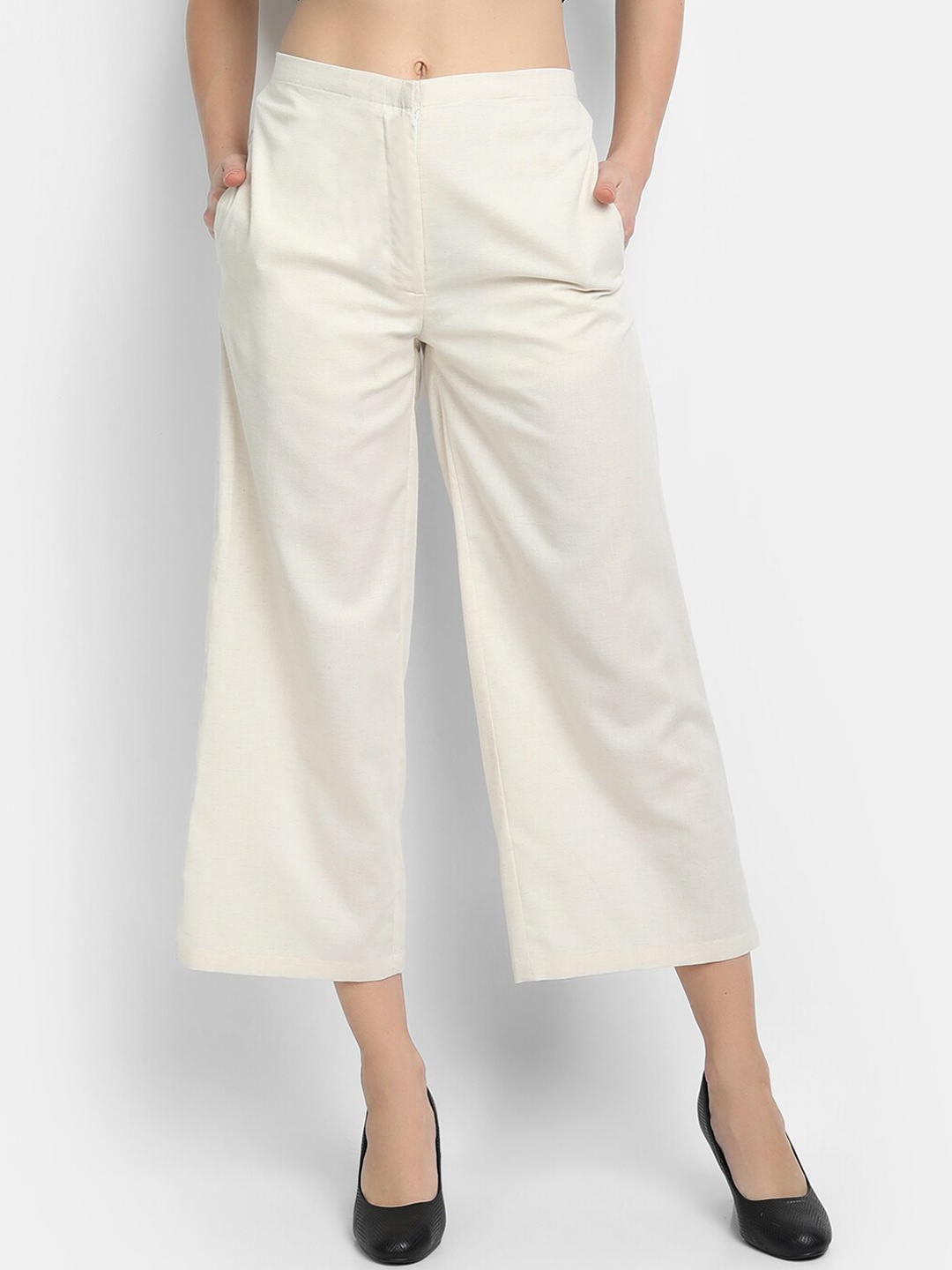 

LY2 Women Cream-Colored Solid Regular Fit Wide Leg Trousers