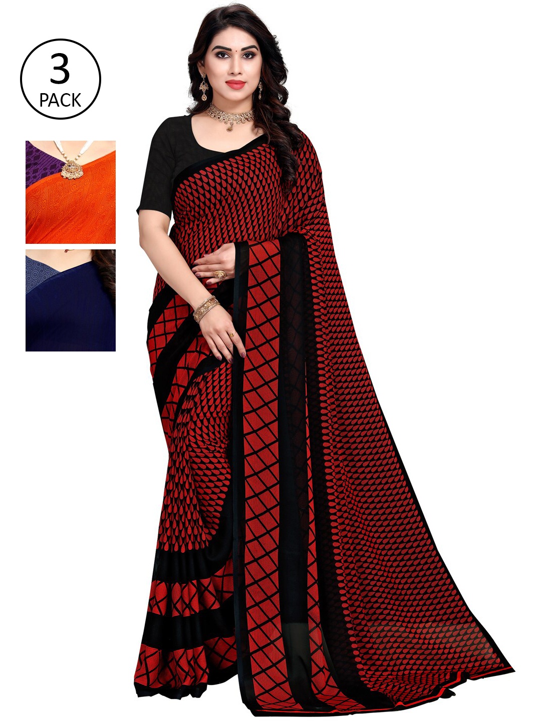 KALINI Pack of 3 Printed Poly Georgette Sarees, Multi
