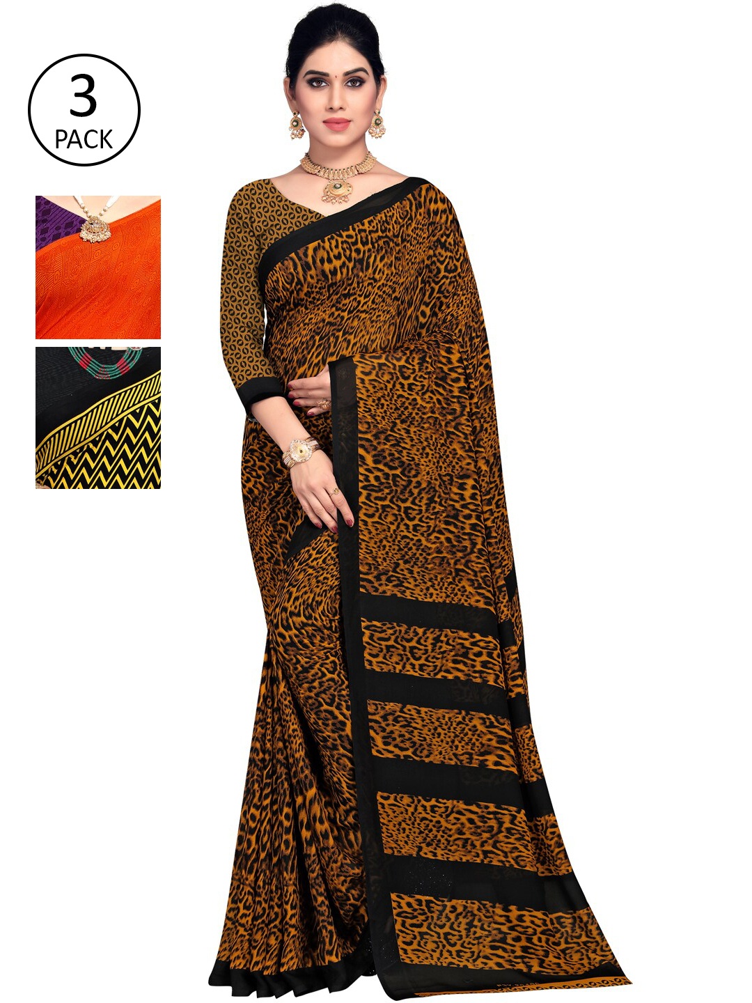 

KALINI Pack of 3 Printed Poly Georgette Sarees, Multi