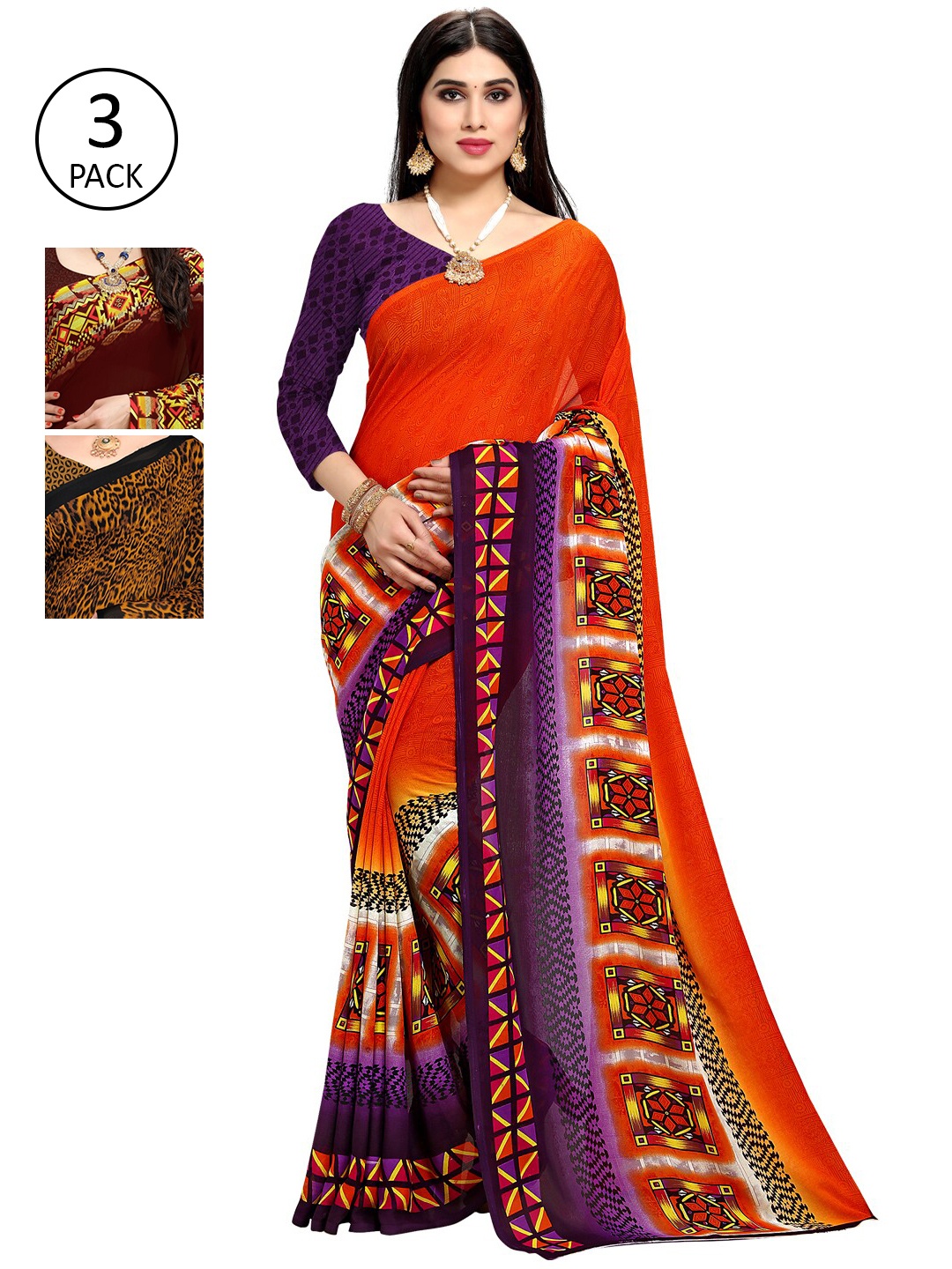 

KALINI Multicoloured Set of 3 Poly Georgette Saree, Multi