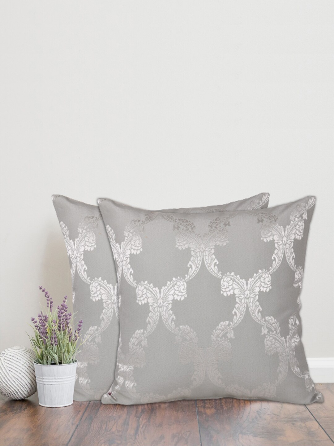 

Home Grey & Silver-Toned Set of 2 Ethnic Motifs Square Cotton Cushion Covers