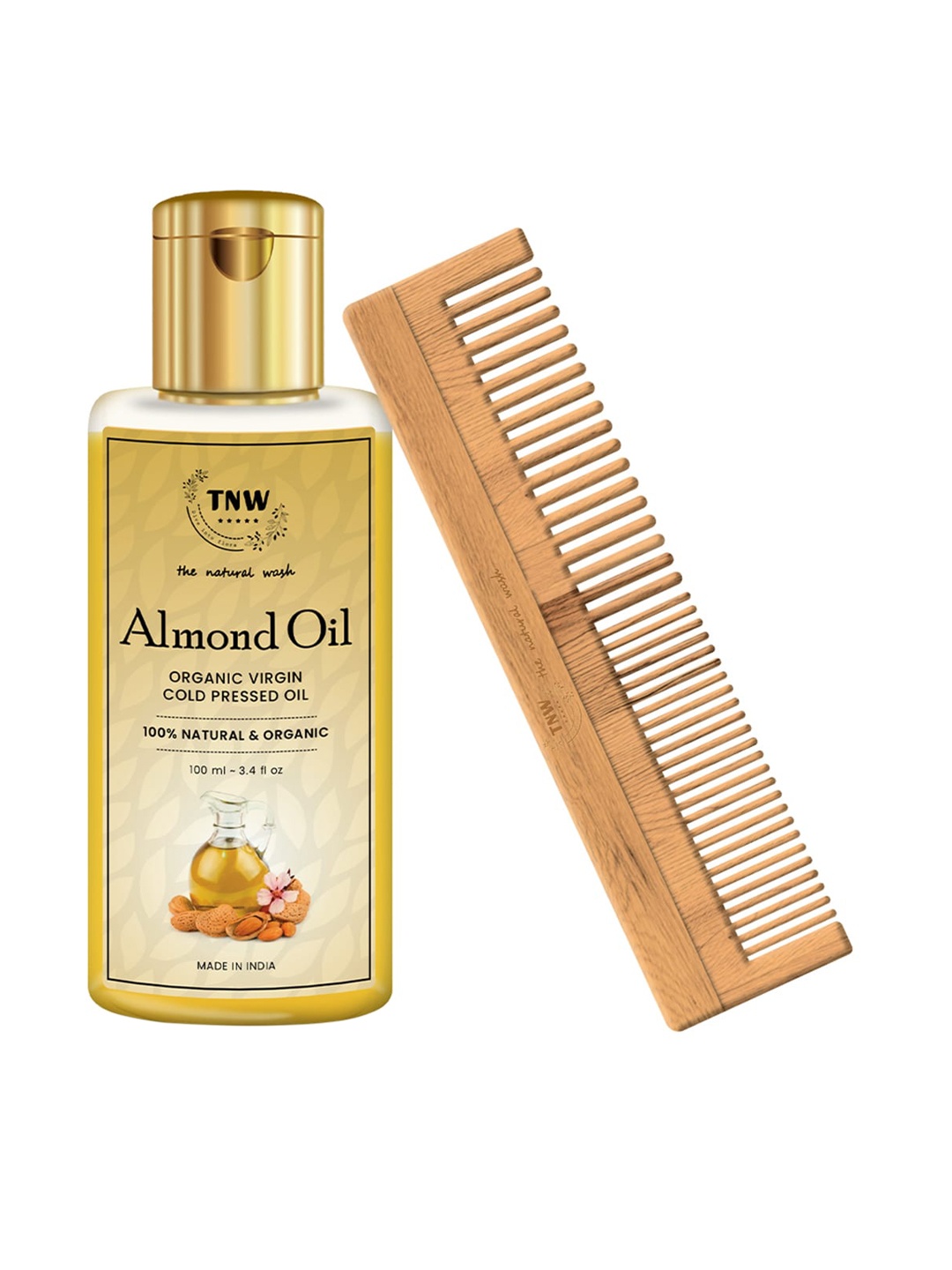 

TNW The Natural Wash Combo of 2 Almond Oil 100 ml & Neem Comb, Brown