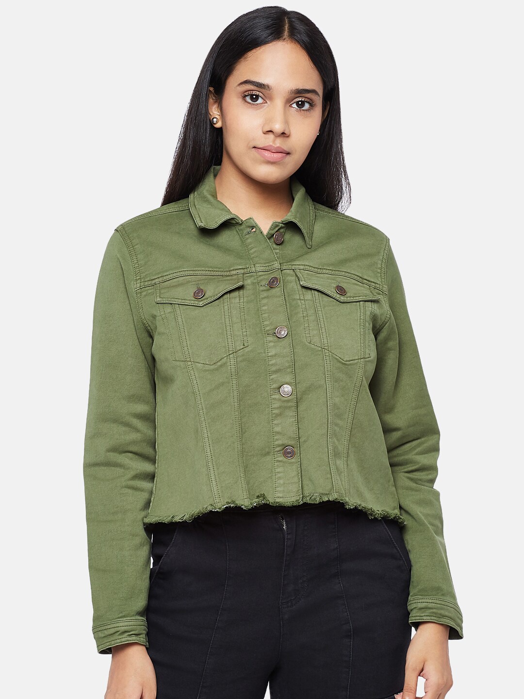 

People Women Olive Green Solid Crop Denim Jacket