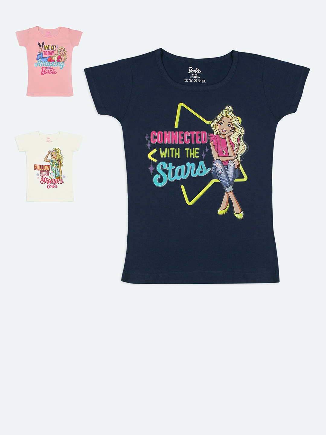 

Barbie Girls Pack Of 3 Multicoloured Barbie Graphic Printed Cotton Pure Cotton T-shirts, Navy blue