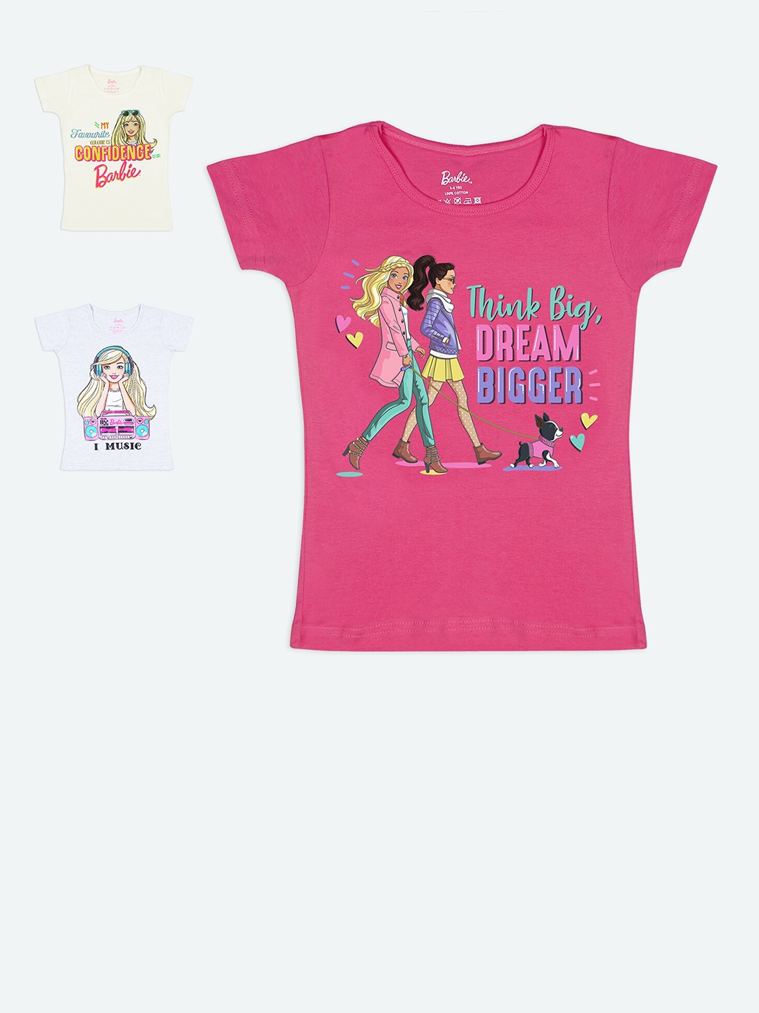 

Barbie Girls Pack Of 3 Pure Cotton Barbie Printed Pure Cotton T-shirts, Off white