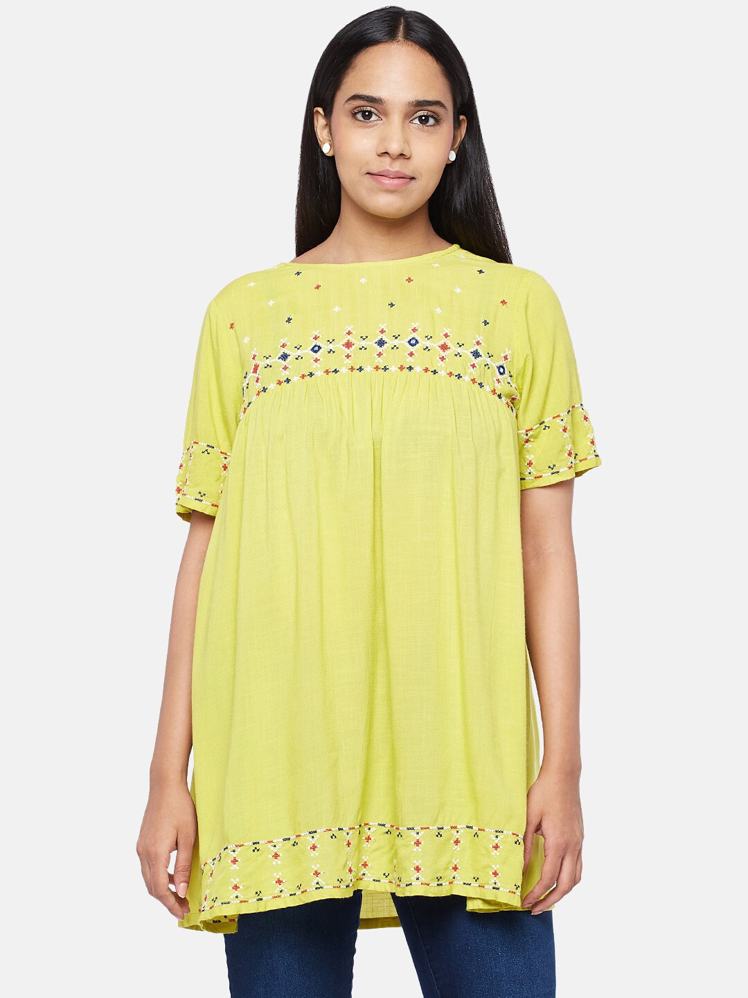 

People Lime Green Viscose Rayon Embroidered Tunic