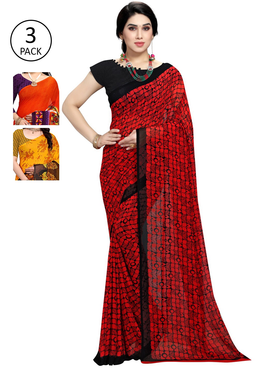 

KALINI Pack of 3 Red & Orange Floral Saree