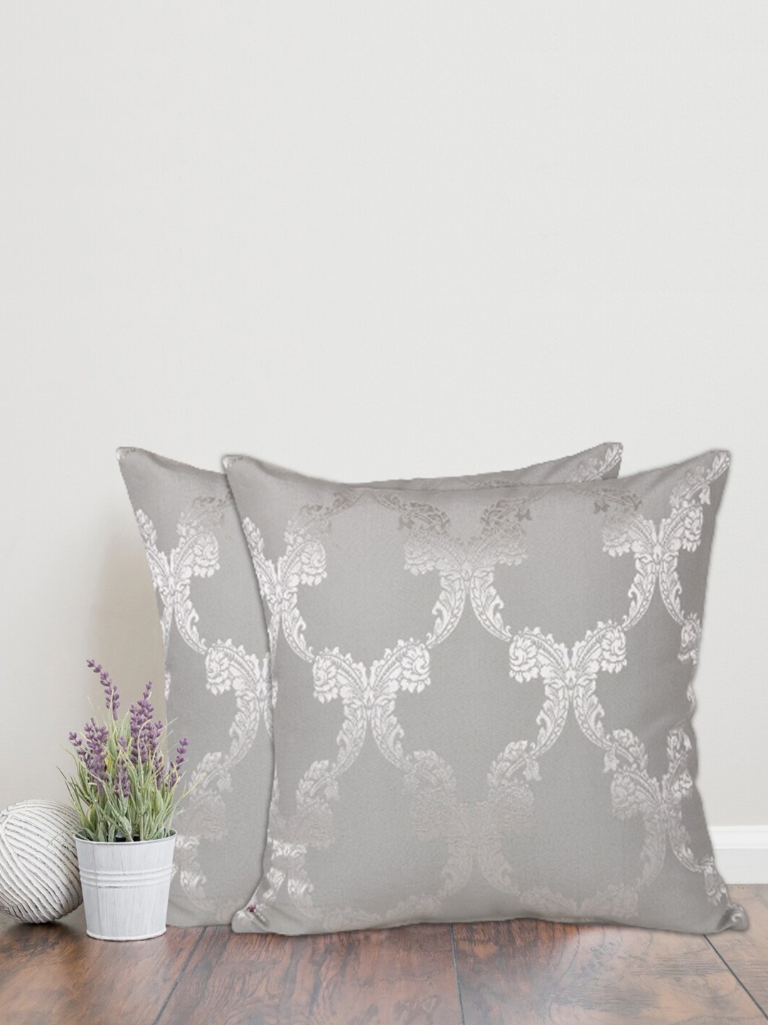 

Home Grey & Silver-Toned Set of 2 Ethnic Motifs Cotton Square Cushion Covers