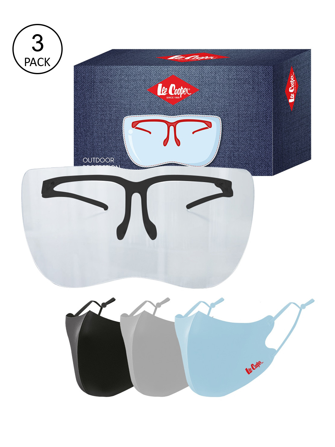 

Lee Cooper Adults Goggle-Style Eye Shield & Set Of 3 Multi Cloth Masks, Transparent