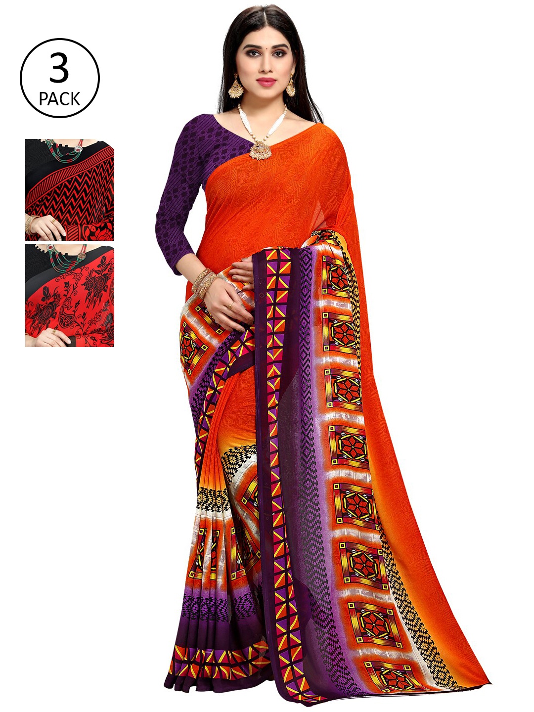 

KALINI Multicoloured Set of 3 Poly Georgette Saree, Multi