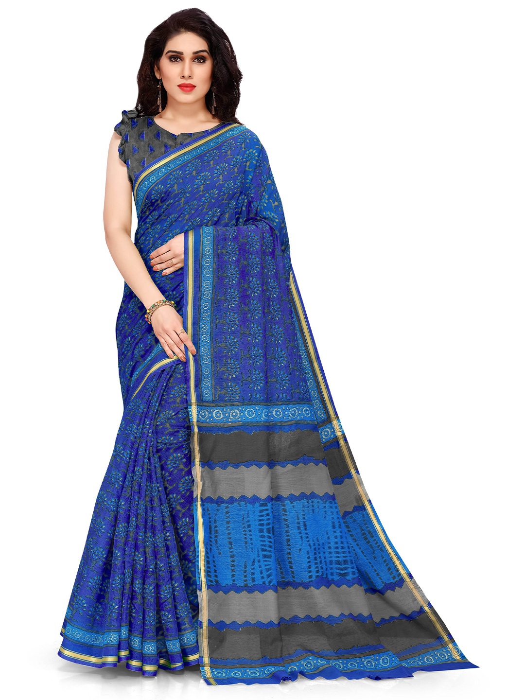 KALINI Blue Floral Printed Polycotton Saree