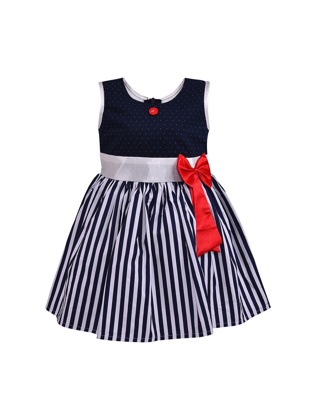 

Wish Karo Girls Dark Navy Blue Striped Cotton Fit and Flare Dress