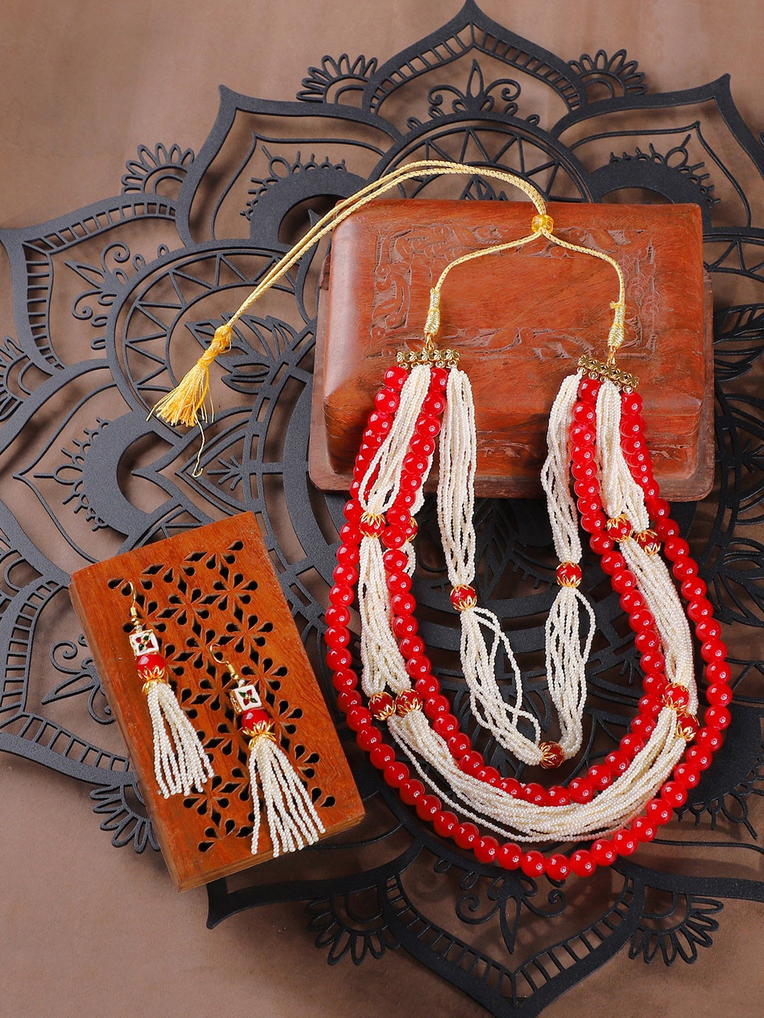 

ANIKAS CREATION Gold-Plated White & Red Pearl-Studded Handcrafted Jewellery Set
