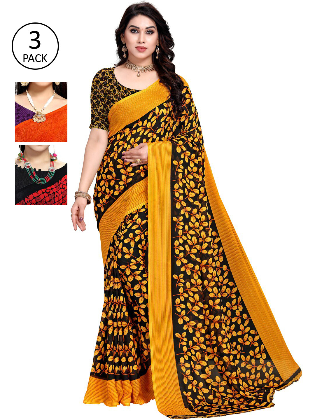 

KALINI Pack of 3 Printed Poly Georgette Sarees, Multi