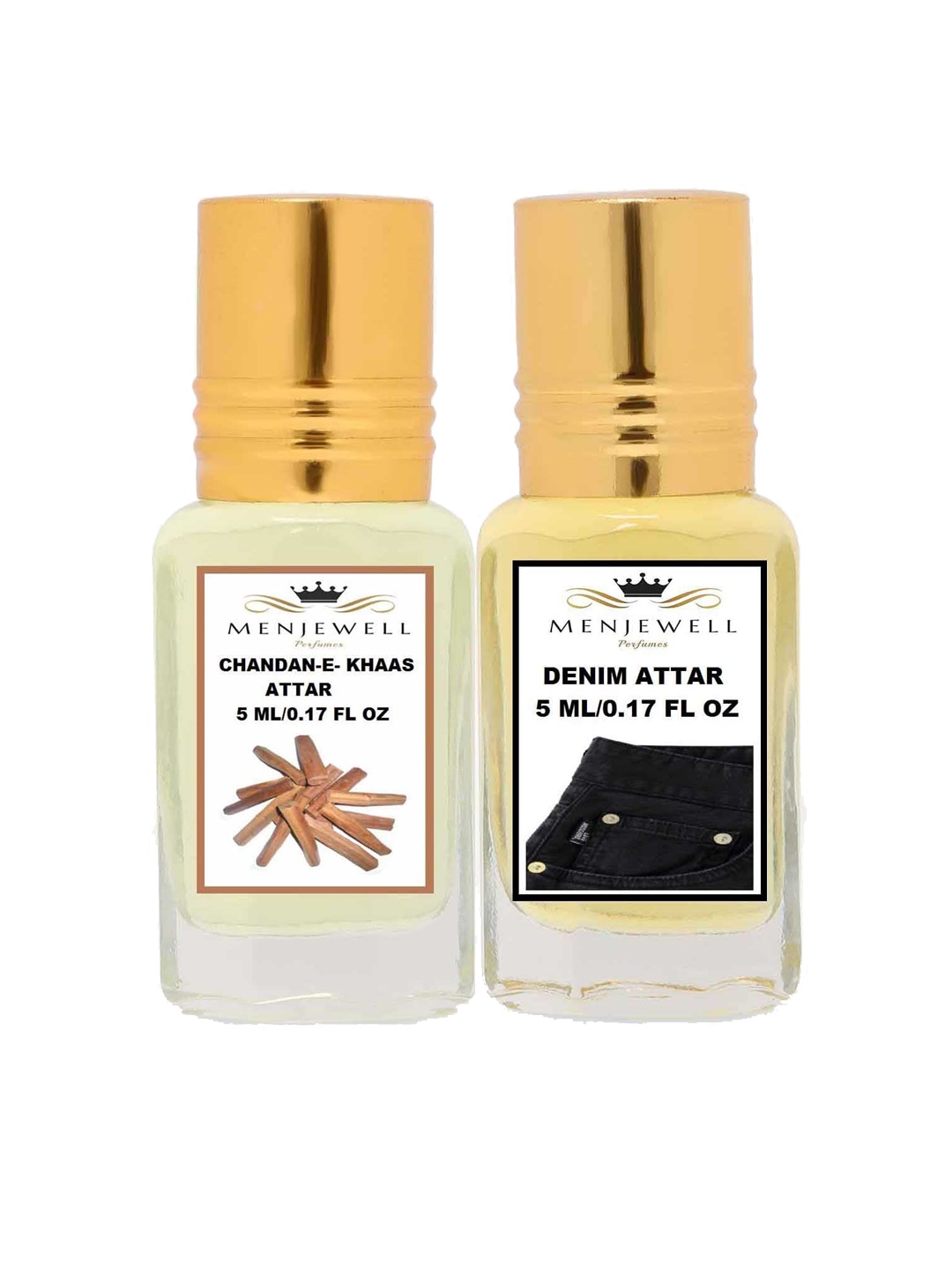

Menjewell Unisex Chandan-E-khaas & Denim Attar Perfume-Set of 2(5ml each), Transparent