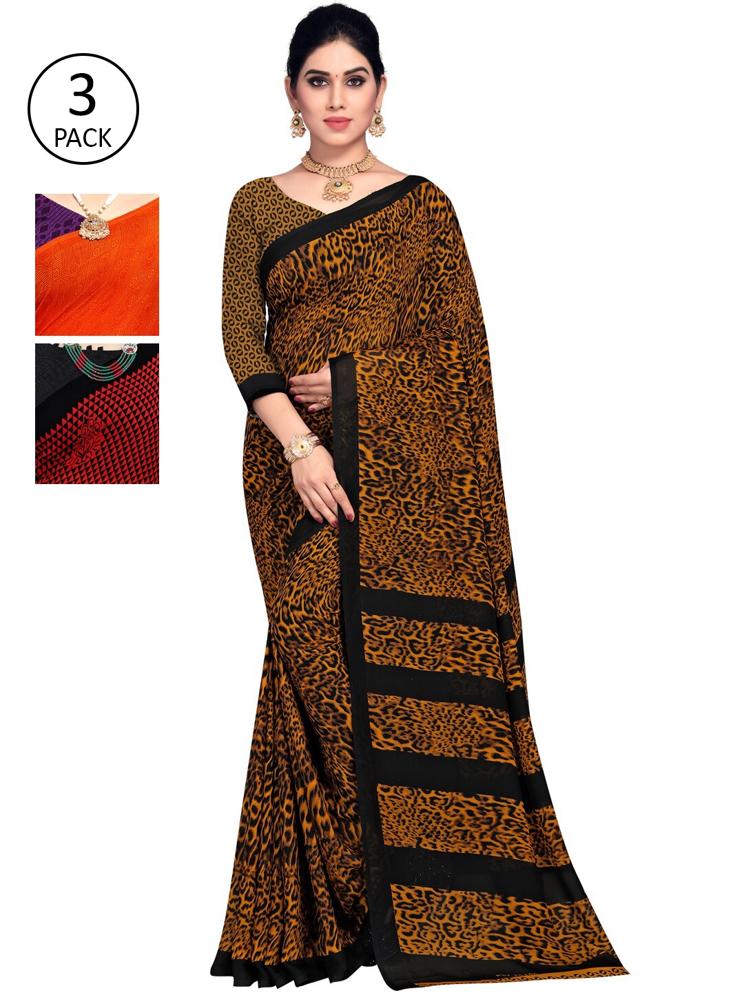 

KALINI Multicoloured Set of 3 Poly Georgette Saree, Multi