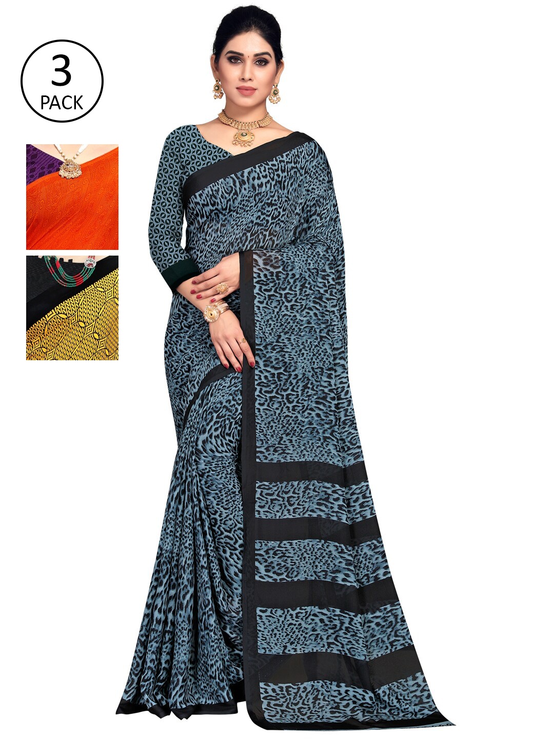 

KALINI Pack of 3 Printed Poly Georgette Sarees, Multi