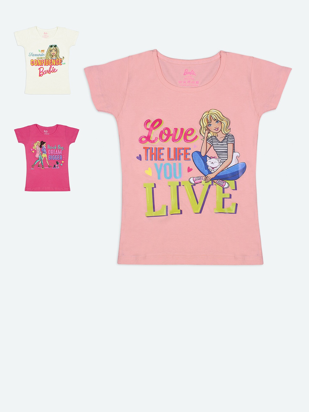 

Barbie Girls Off White, Pink & Peach Pack of 3 Typography Printed T-shirt
