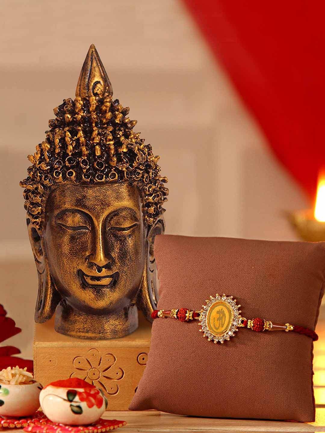 

TIED RIBBONS Yellow & Bronze-Toned Buddha & Rakhi Gift Set
