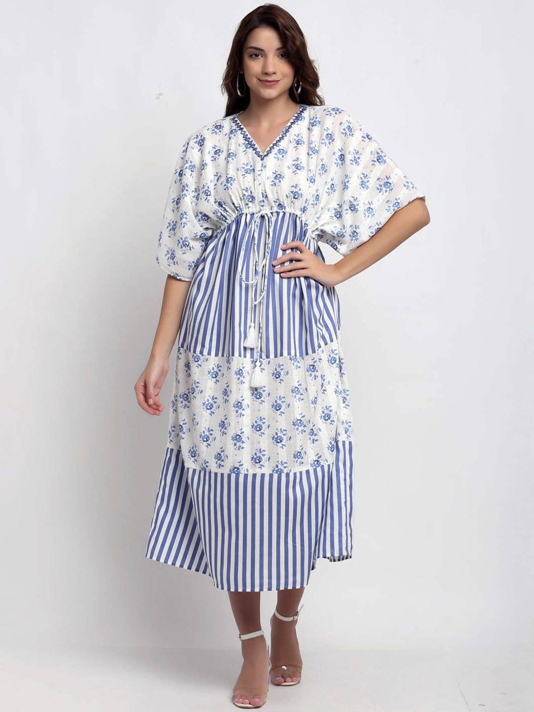 

BLANC9 Women White & Blue Floral Midi Dress