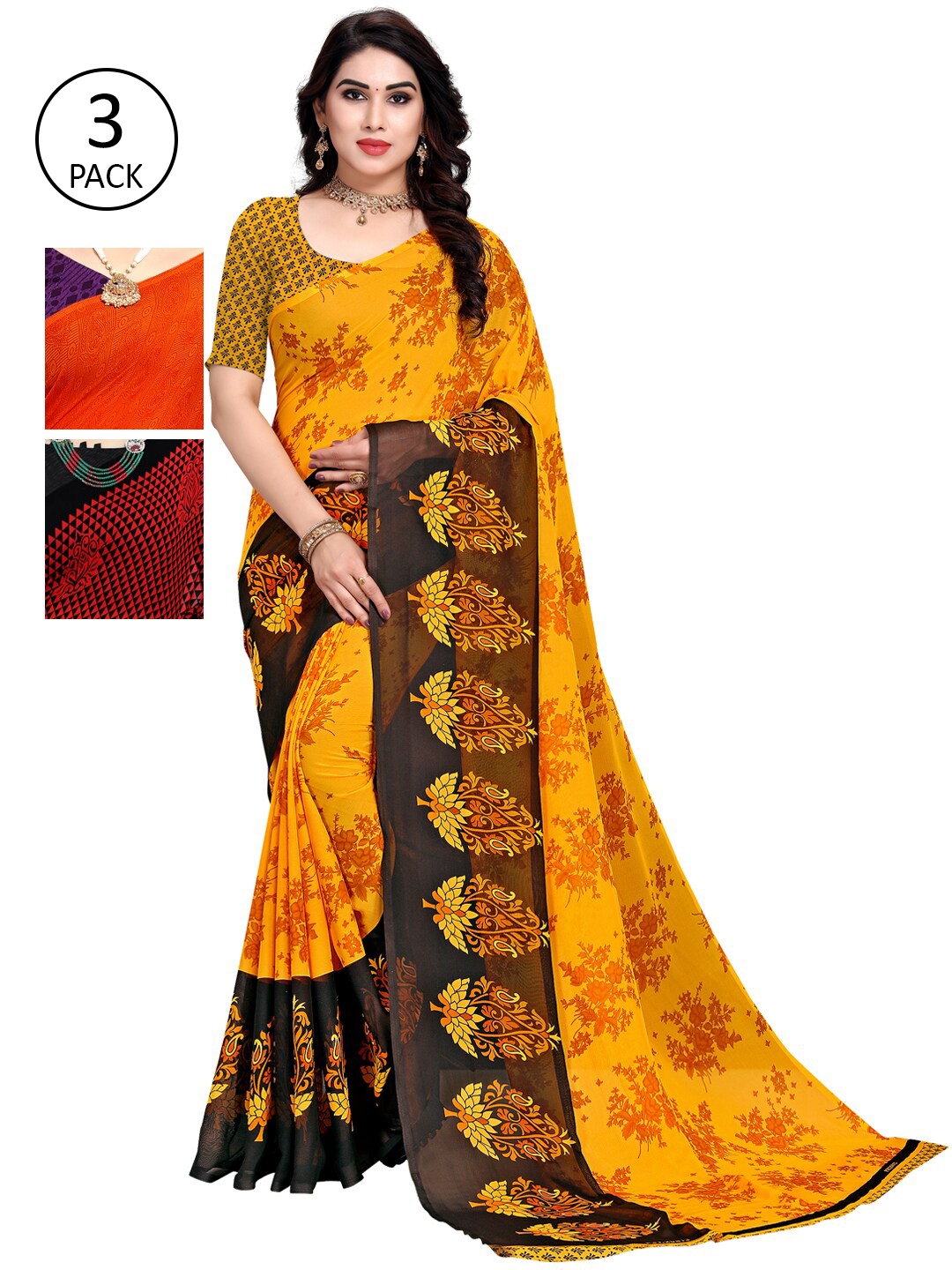 

KALINI Multicoloured Set of 3 Poly Georgette Saree, Multi