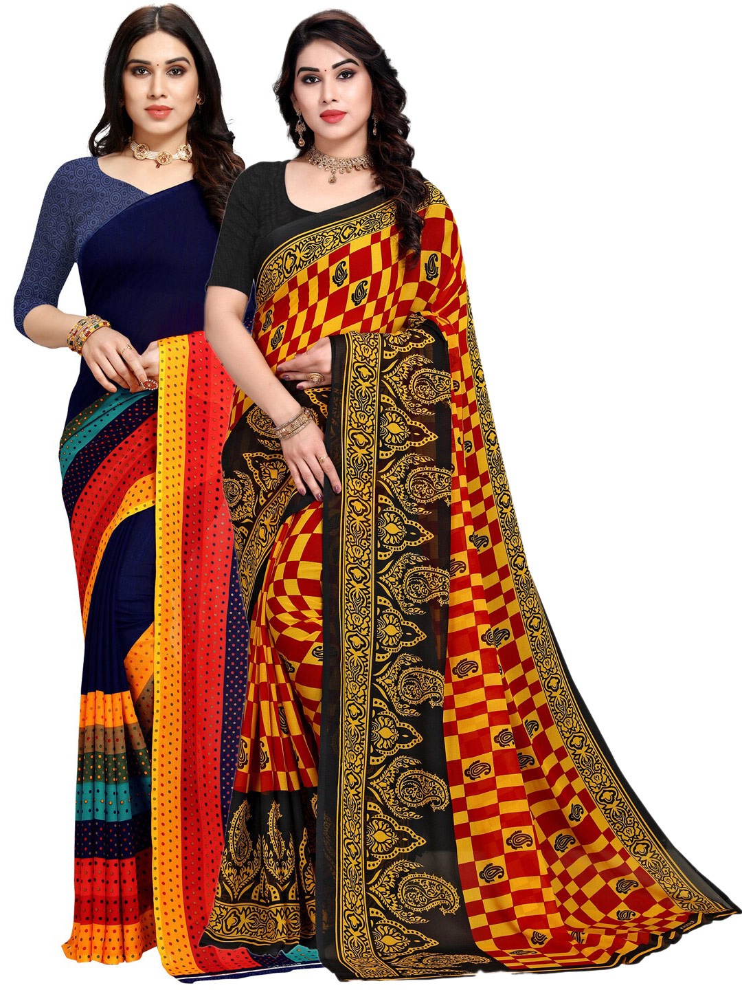 

KALINI Pack of 2 Navy Blue & Orange Saree