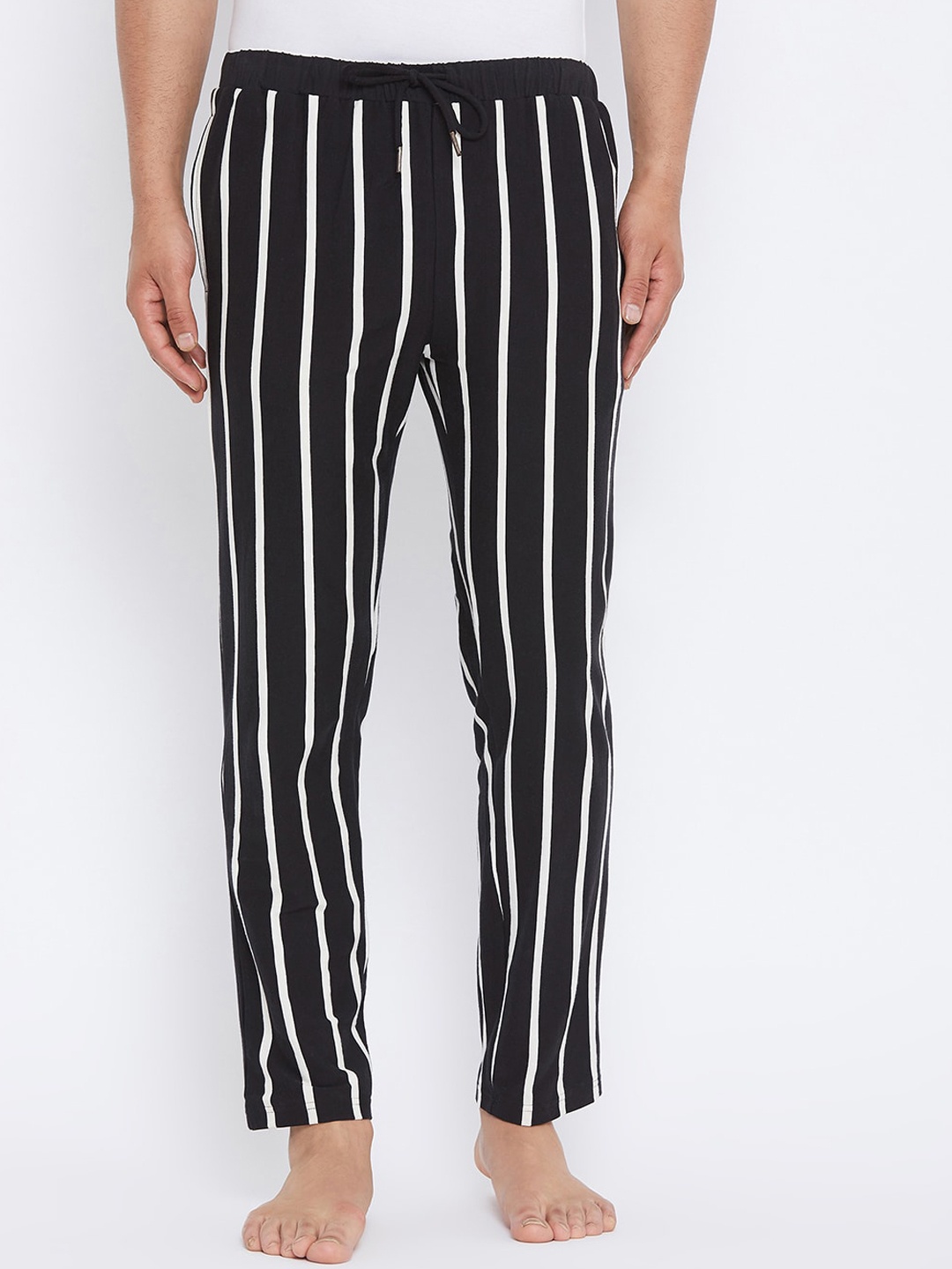 Hypernation Mens Black & White Striped Cotton Lounge Pants