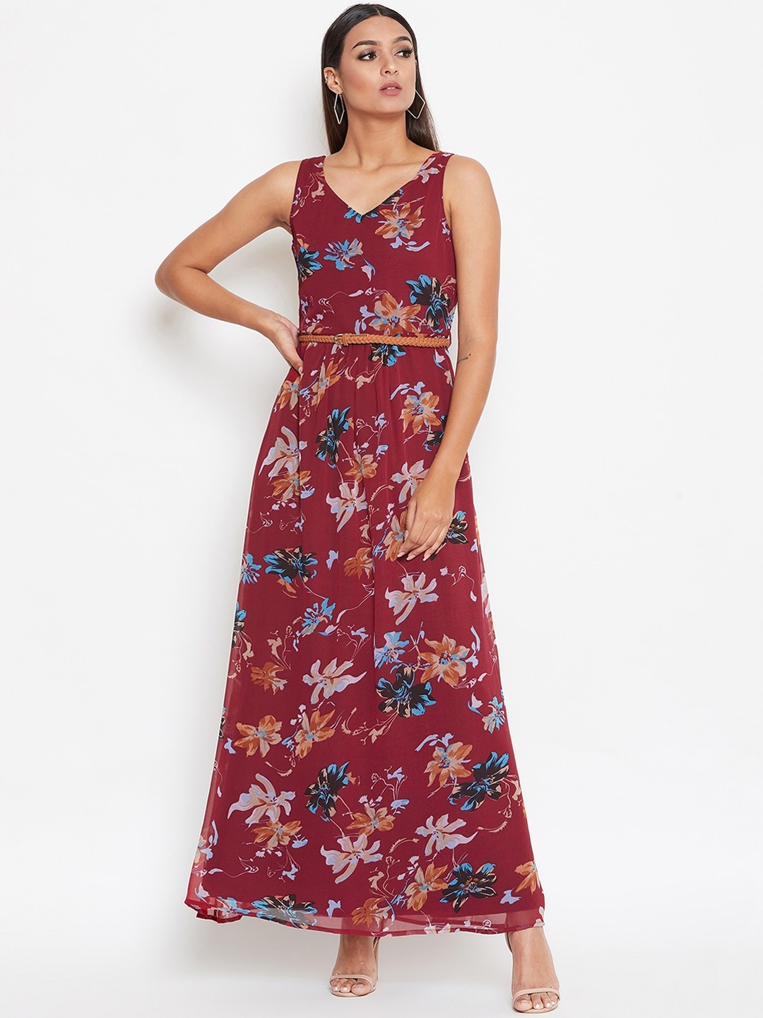 

La Zoire Maroon Floral Georgette Maxi Dress