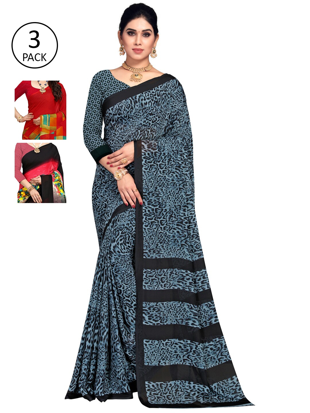 

ANAND SAREES Pack Of 3 Printed Poly Georgette Sarees, Pink