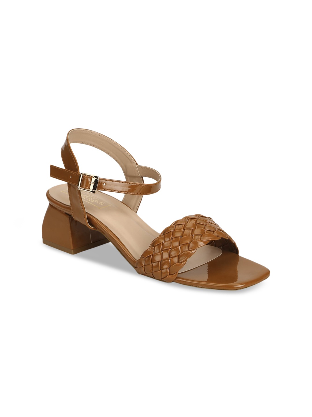 

Truffle Collection Women Tan Textured Block Sandals with Buckles