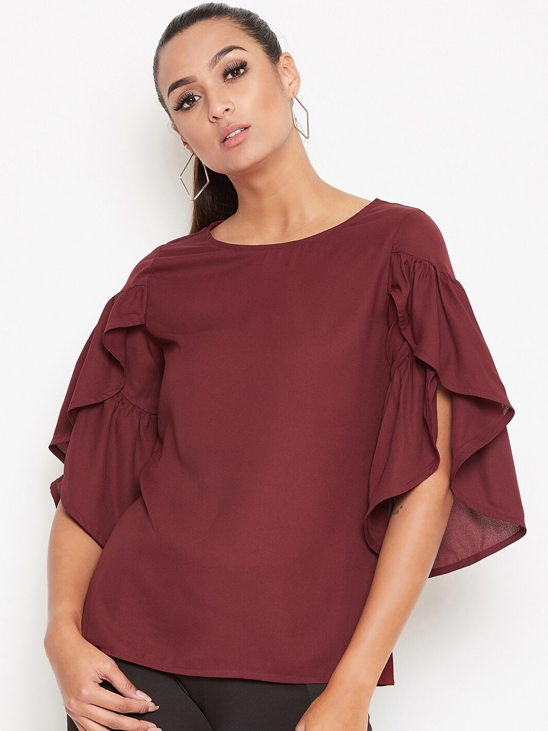 

La Zoire Women Maroon Solid Georgette Regular Top