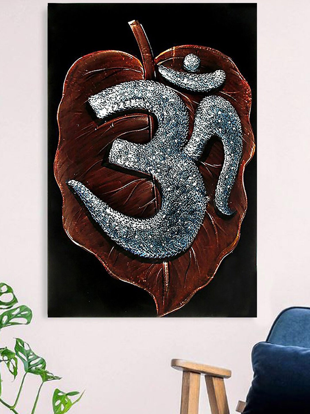 

Gallery99 Brown & Silver-Coloured Om On a Leaf Canvas Unframed Painting