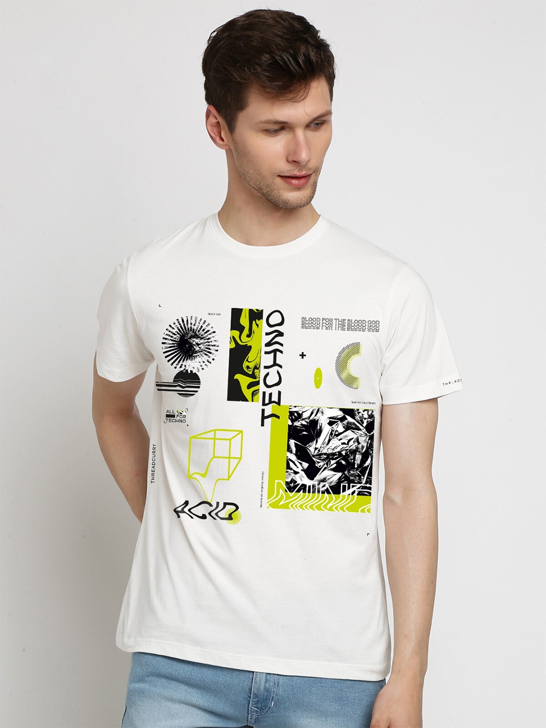 THREADCURRY Men White Printed Typography T-shirt