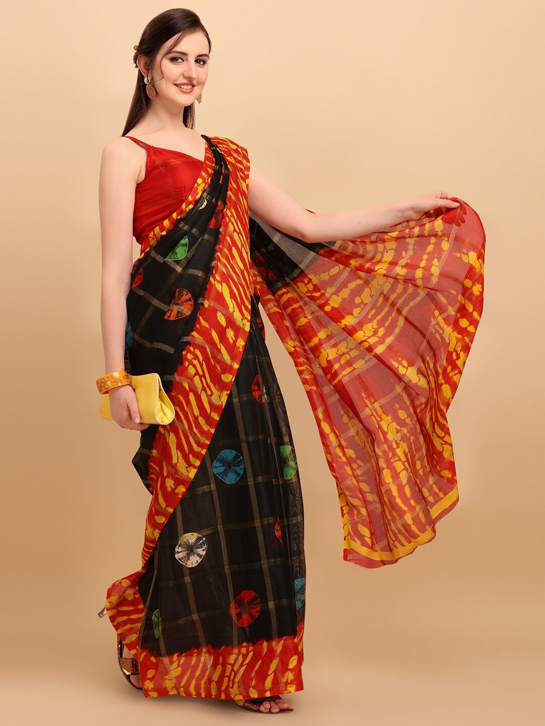 

KALINI Black & Red Tie and Dye Cotton Blend Kota Saree