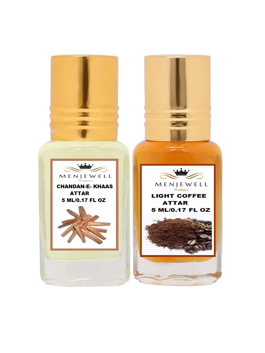 

Menjewell Set Of 2 Chandan-E-Khaas & Light Coffee Attars 10ml, Transparent