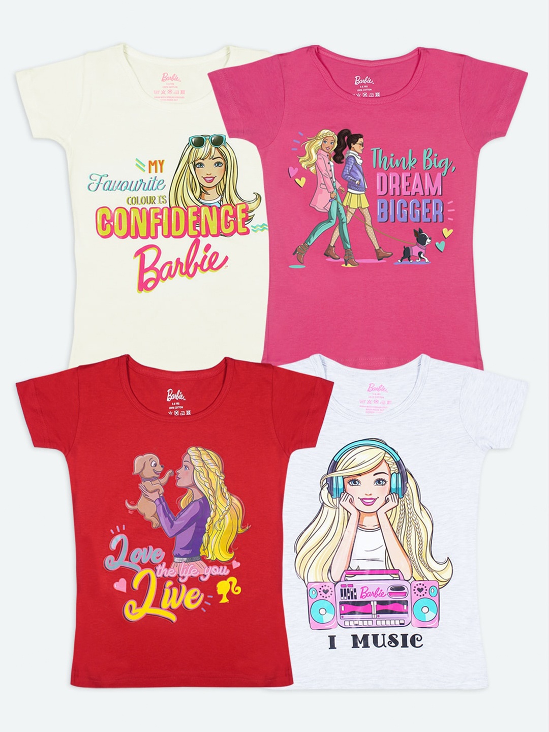 

Barbie Girls Pack Of 4 Barbie Printed Cotton Pure Cotton T-shirts, Red
