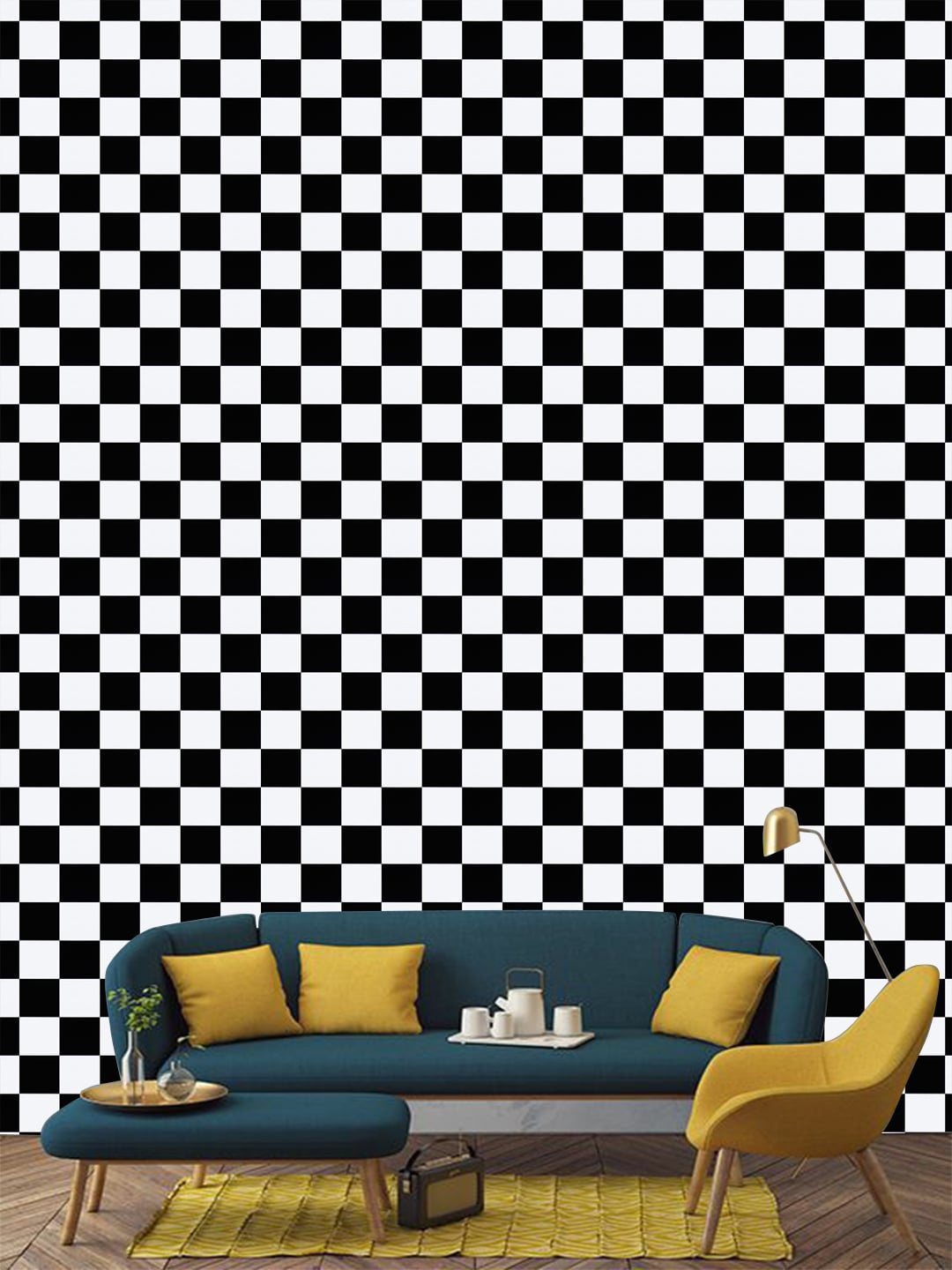 Jaamso Royals Black & White Chess Printed Self Adhesive Wallpaper