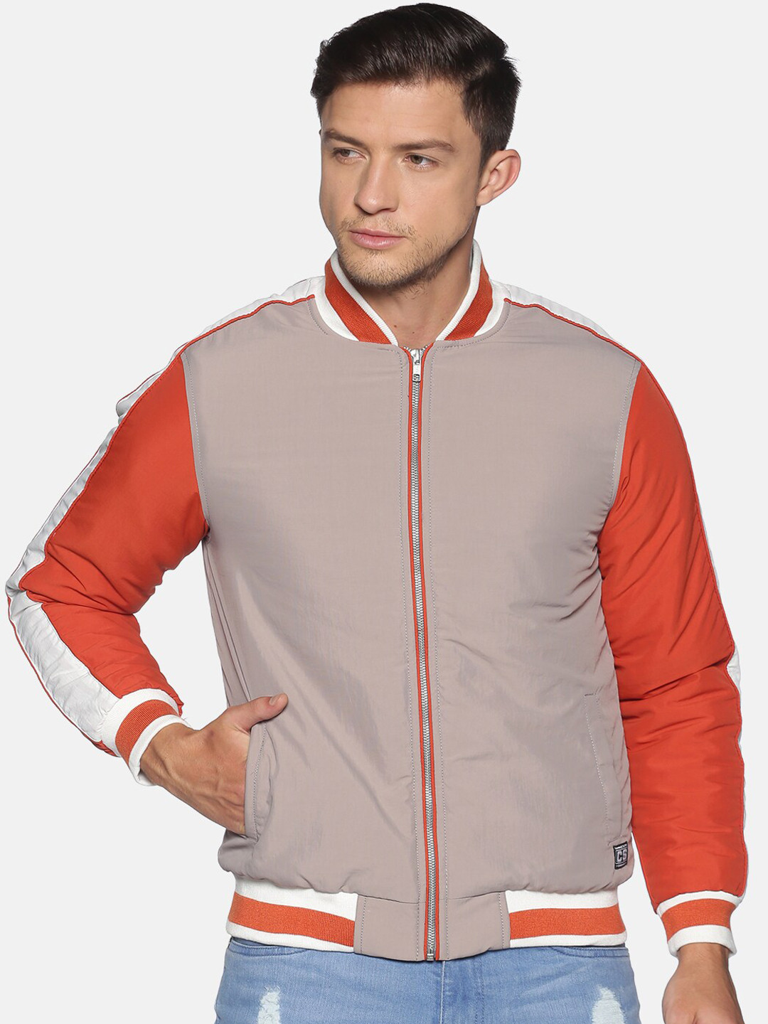 

Campus Sutra Men Grey Colourblocked Crop Bomber Jacket