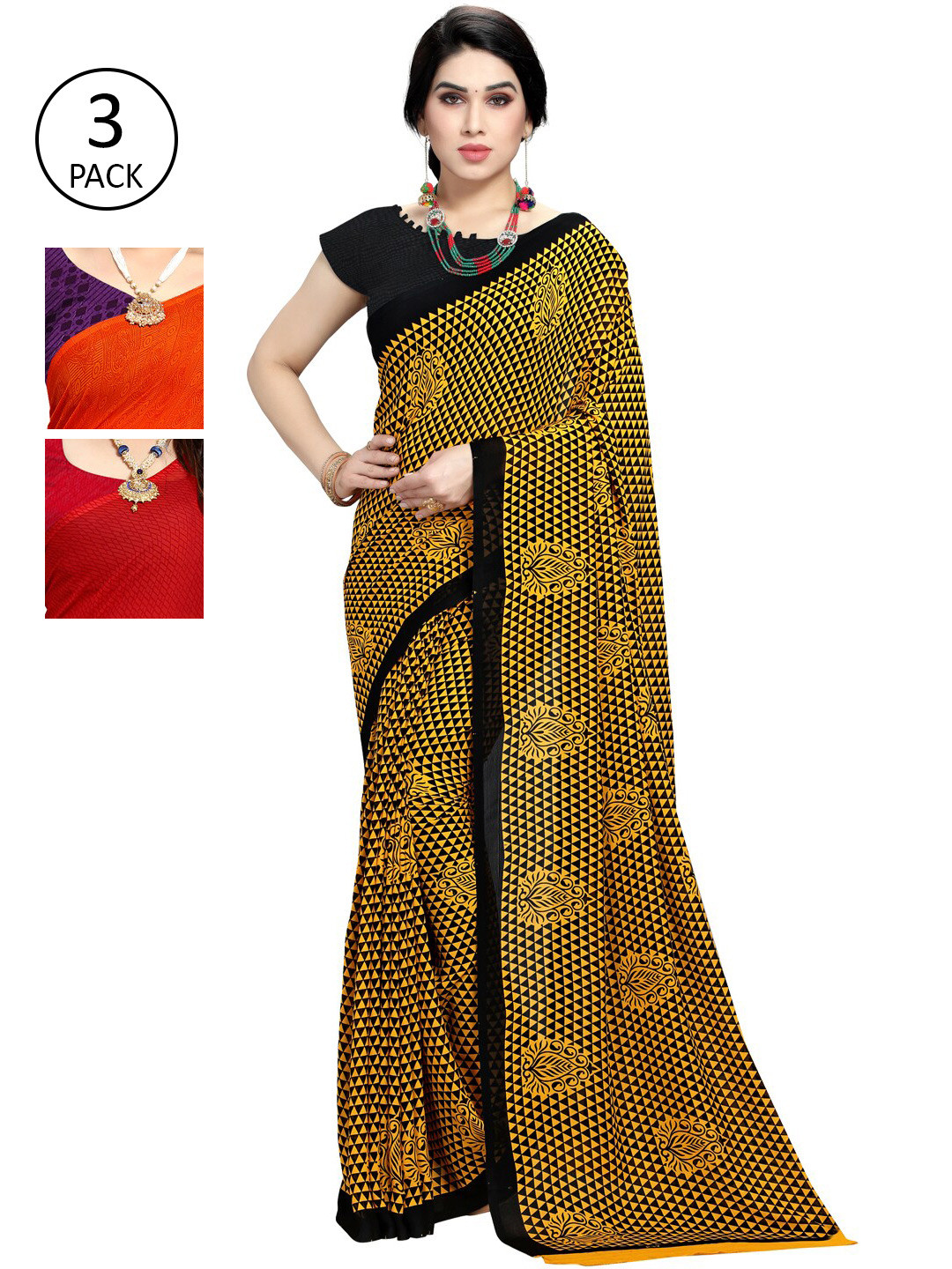 

KALINI Pack of 3 Printed Poly Georgette Sarees, Multi