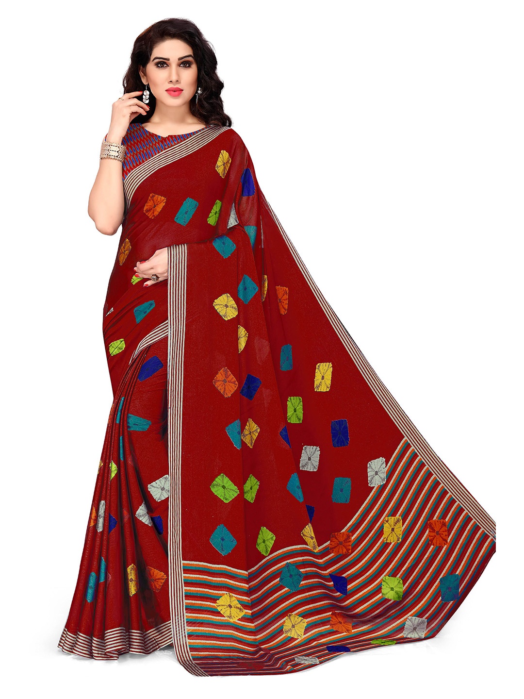 

KALINI Maroon & Green Bandhani Saree